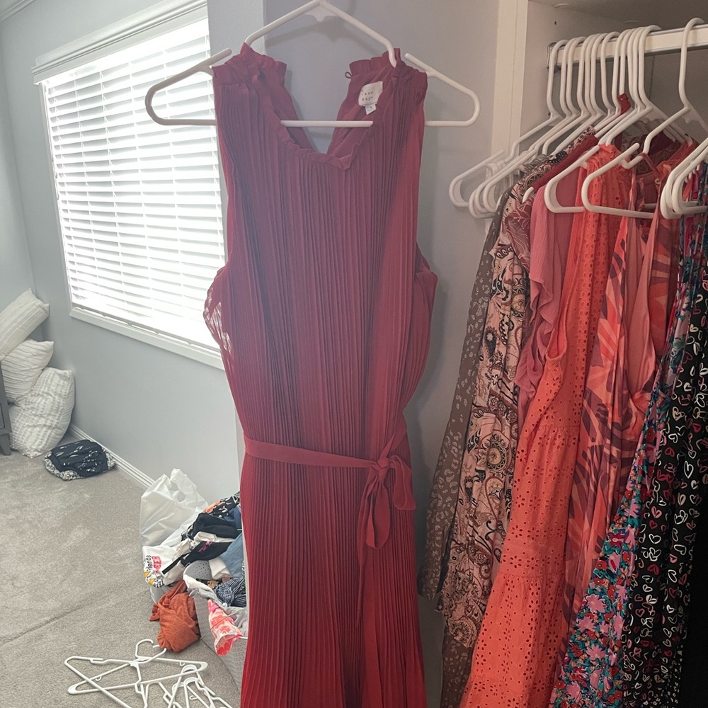 Rust pleated midi dress